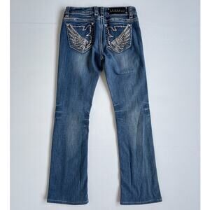 Vtg Y2K LA IDOLS Rhinestone Wing Low Rise Blue Flared Denim Jeans Size 5 29 x 34